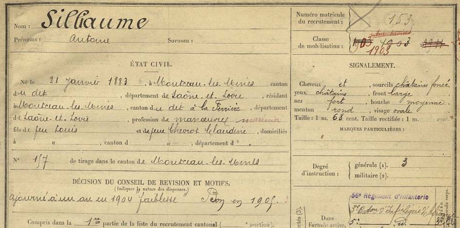 Antoine Silliaume soldat Première Guerre mondiale fiche matricule Montceau-les-Mines