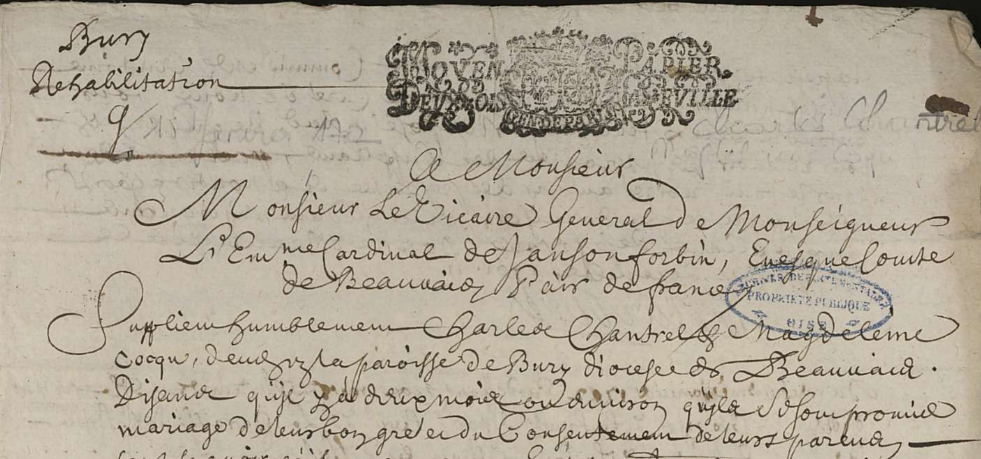 Dispense de consanguinité Bury Oise famille Chantrel XVIIIe siècle généalogie
