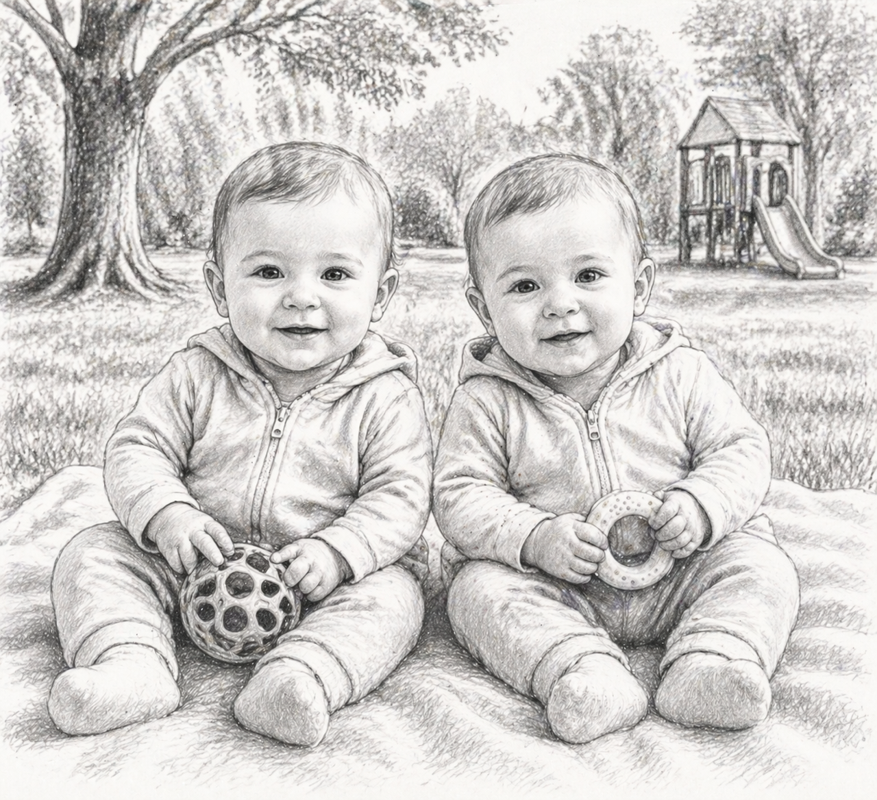 dessin de jumeaux bébés dans un parc