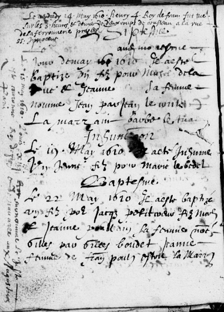 acte ancien dans lequel le curé mentionne la mort d'Henry IV