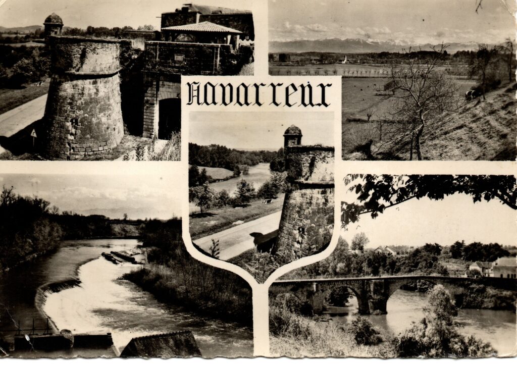 Carte postale multivues ancienne de Navarrenx avec ses remparts, sa campagne et son pont