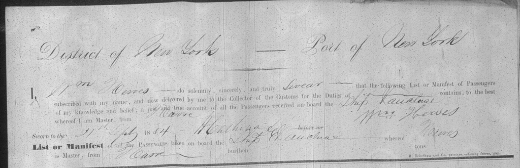 liste de passagers à New York en 1854