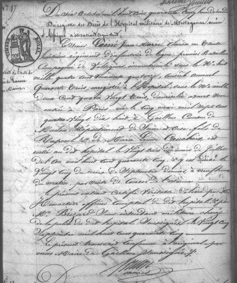 décès Jean Marie LAINE 1845 Mostaganem