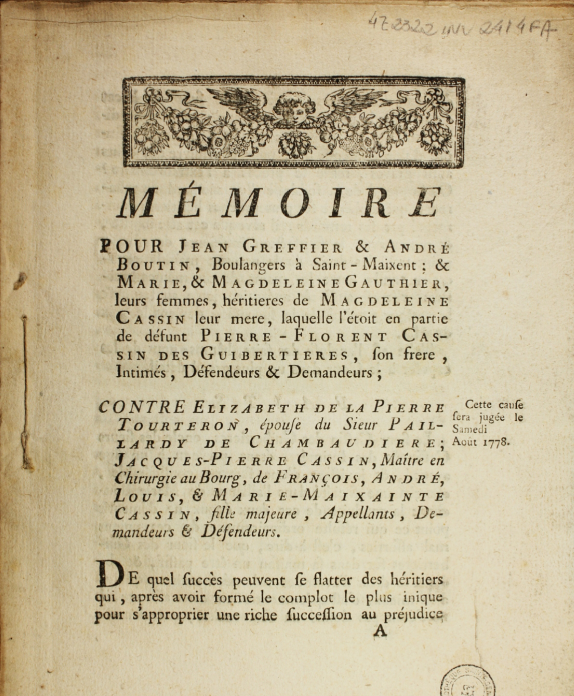 mémoire judiciaire de 1778